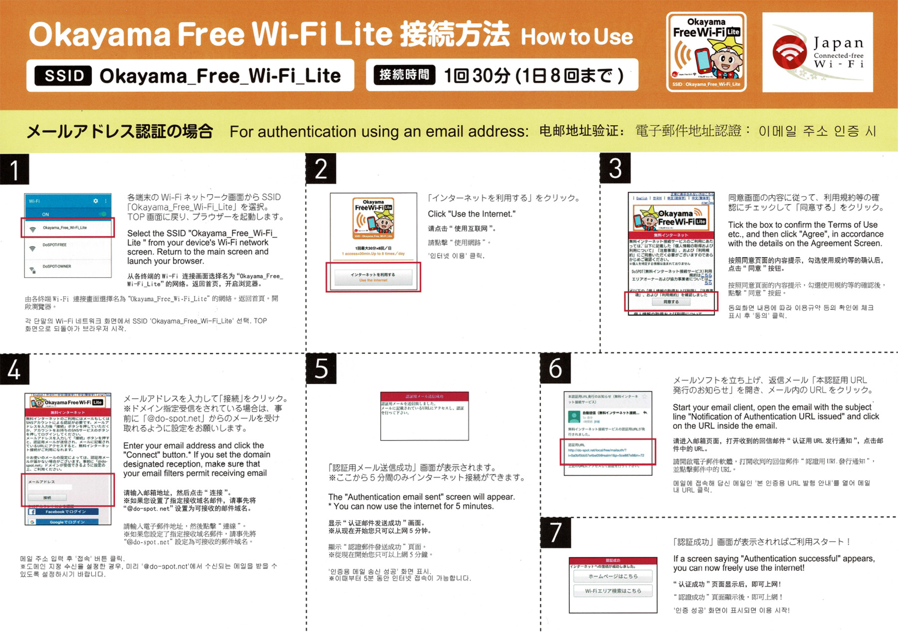Okayama Free Wi-Fi Lite メールアドレス認証の場合